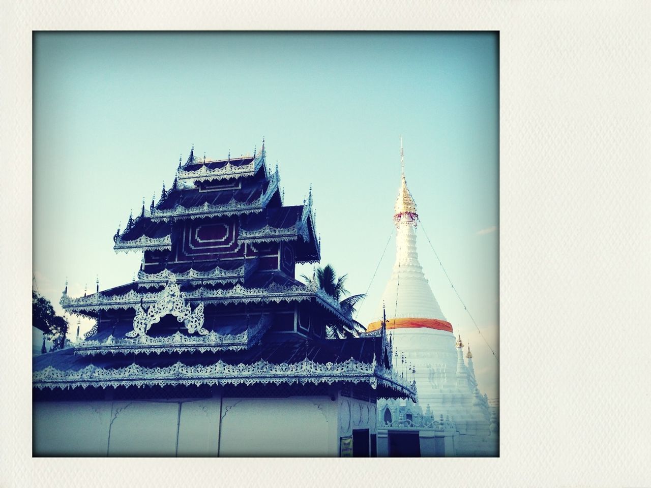 transfer print, architecture, building exterior, built structure, auto post production filter, clear sky, low angle view, place of worship, religion, copy space, tower, church, sky, spirituality, day, outdoors, city, famous place, no people