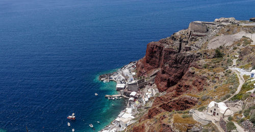 High angle view of beach against blue sky