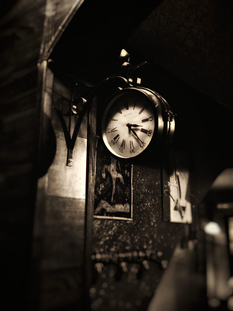 clock, time, indoors, old-fashioned, low angle view, no people, clock face, hanging, close-up, day, roman numeral, hour hand, minute hand