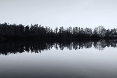 Reflection of trees in lake against clear sky