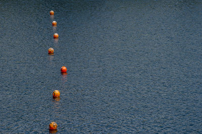 High angle view of buoys floating in lake