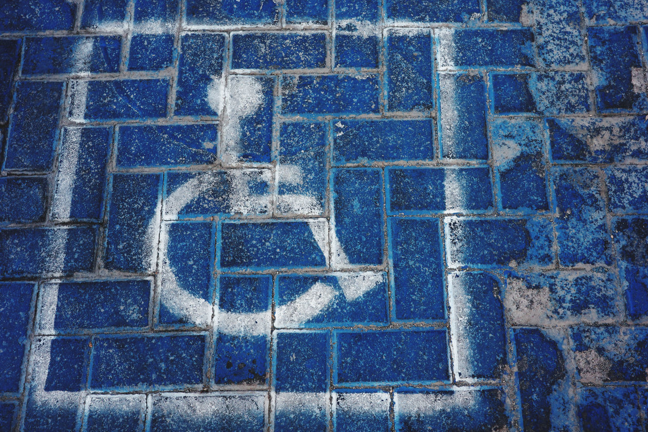 blue, wall, art, no people, road surface, pattern, day, high angle view, full frame, communication, flooring, number, backgrounds, creativity, mosaic, outdoors, sign