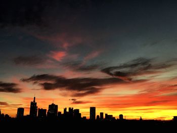 Silhouette of buildings against cloudy sky at sunset