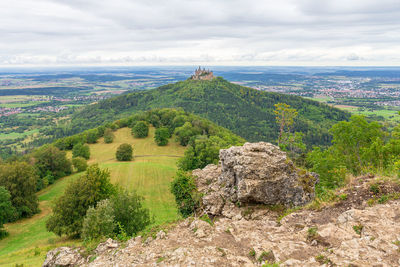 High angle view of trees on landscape against sky