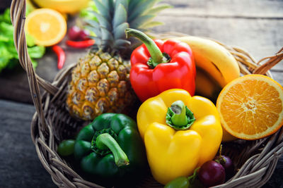 Close-up of fruits and vegetables in basket