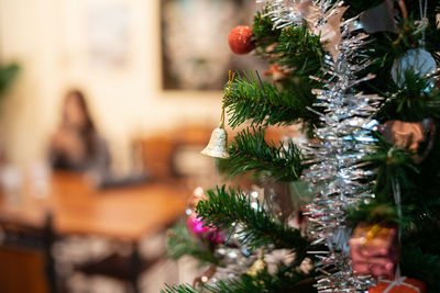 Close-up of christmas tree at home