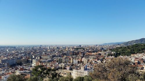 Panoramic view of people against clear blue sky