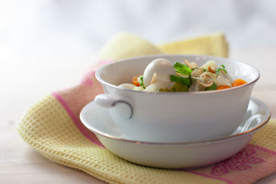 Close-up of soup in bowl on table