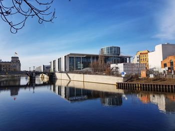 Buildings by river against sky in city