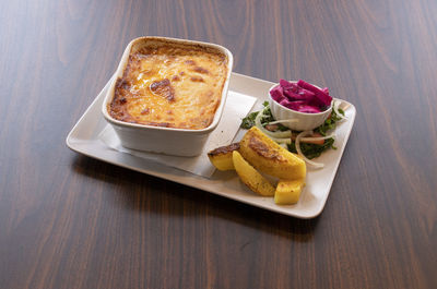 High angle view of food in plate on table