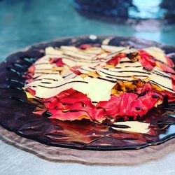 High angle view of dessert in plate on table