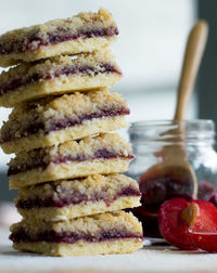 Close-up of stack on table