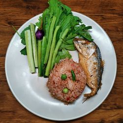 High angle view of food in plate on table