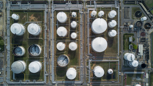 Aerial view liquid chemical tank terminal, storage of liquid chemical and petrochemical products.