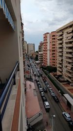 High angle view of street amidst buildings in city