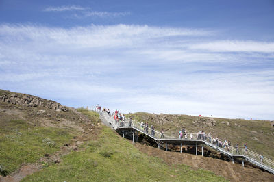 People on landscape against sky