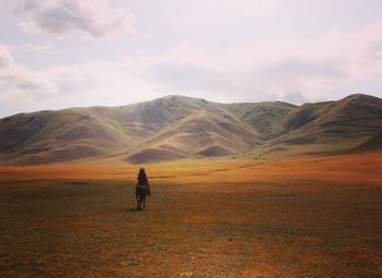 Rear view of man on field against sky