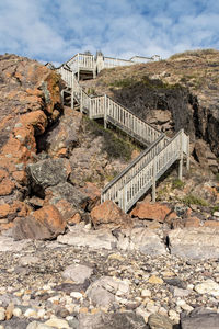 Boardwalk stairs leading down cliffs to rocky beach