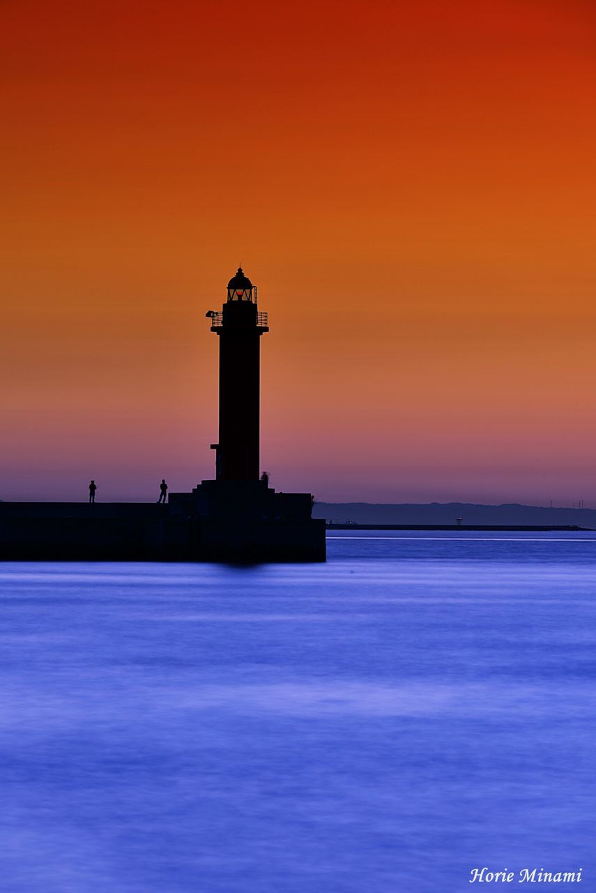 sunset, sky, water, sea, orange color, architecture, built structure, scenics - nature, beauty in nature, tower, guidance, no people, lighthouse, silhouette, building exterior, nature, tranquil scene, security, tranquility, horizon over water, outdoors, purple