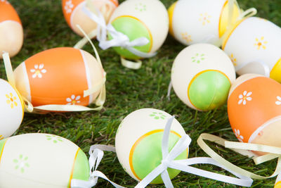 Close-up of easter eggs on grass