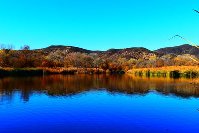 Scenic view of lake and mountains against clear blue sky