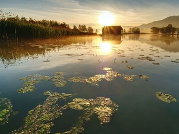 Romantic mountain lake view. the mountain lake with dock and boat house