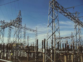 Low angle view of electricity pylon against sky