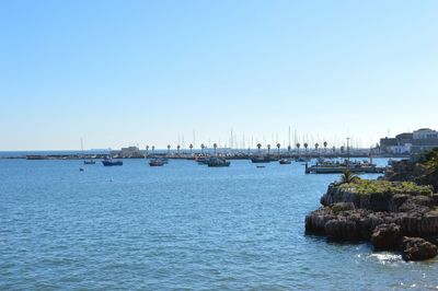 Sailboats in sea against clear sky