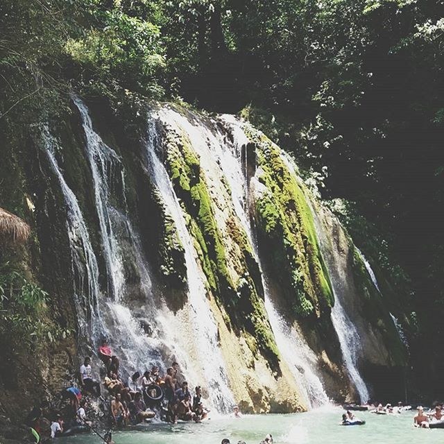 tree, water, motion, waterfall, beauty in nature, scenics, nature, rock formation, rock - object, flowing water, incidental people, travel, tourism, long exposure, forest, cliff, travel destinations, growth, flowing, idyllic