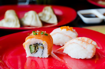 Close-up of sushi served in plate