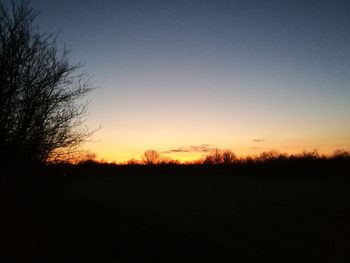 Silhouette trees on field against clear sky at sunset