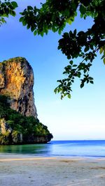 Scenic view of sea against clear blue sky