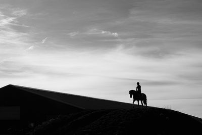 Silhouette person riding horse on field against sky