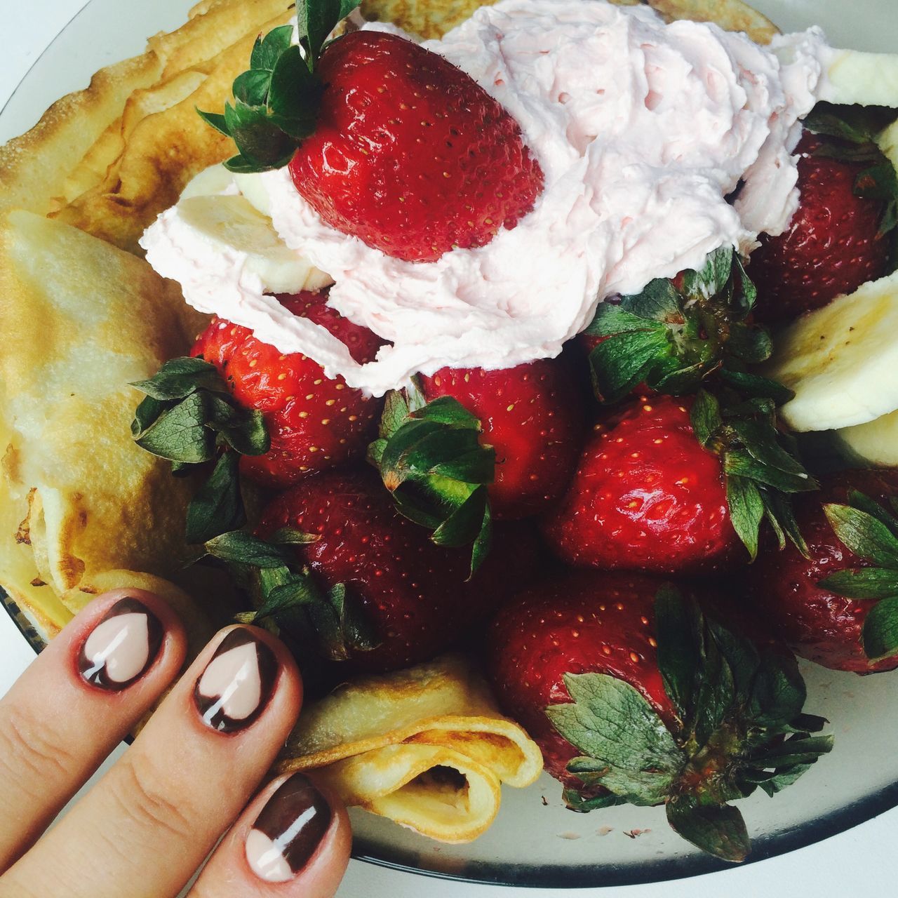 food and drink, food, freshness, healthy eating, ready-to-eat, indoors, strawberry, person, fruit, indulgence, high angle view, plate, part of, sweet food, holding, close-up