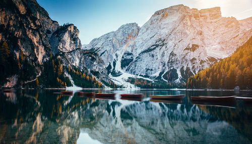 Panoramic view of lake and snowcapped mountains against sky