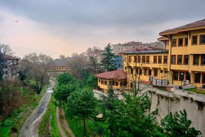 Irgandi bridge and city library in bursa with yellow color painting. photo taken rainy day 