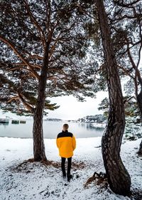 Rear view of woman standing by lake during winter