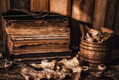 Close-up of old stack on table