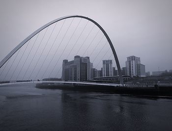 Bridge over river with buildings in background