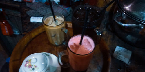 High angle view of drink in glass on table