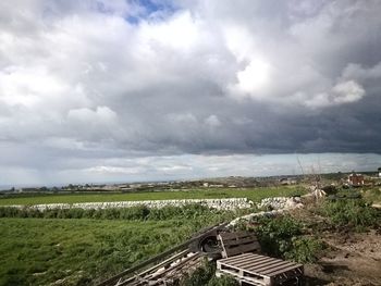 High angle view of field against sky