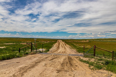 Dirt road amidst field against sky