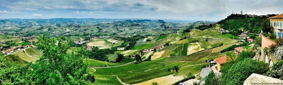 High angle view of agricultural field against sky