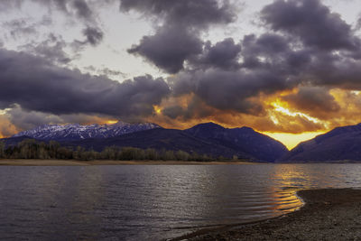 Scenic view of lake against sky during sunset