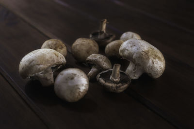 High angle view of mushrooms on table
