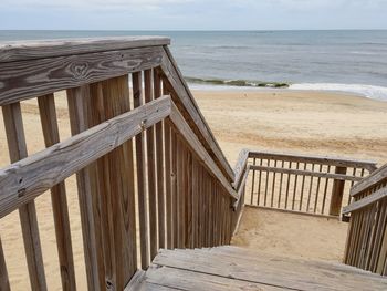 Wooden railing on beach against sky