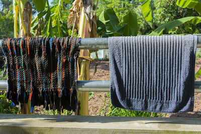 Close-up of clothes drying against trees