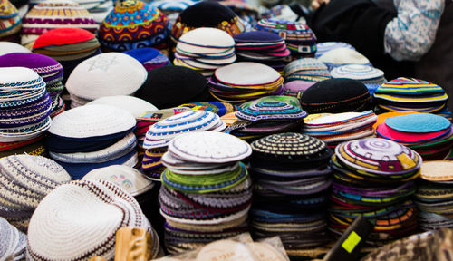High angle view of skullcaps for sale in market