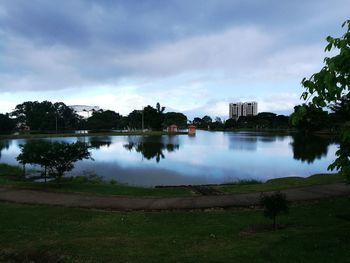 Scenic view of lake against cloudy sky