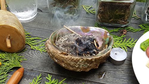 High angle view of fish on table